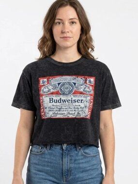 Budweiser Classic Label Graphic Womens Black Mineral Wash Crop Shirt New Large